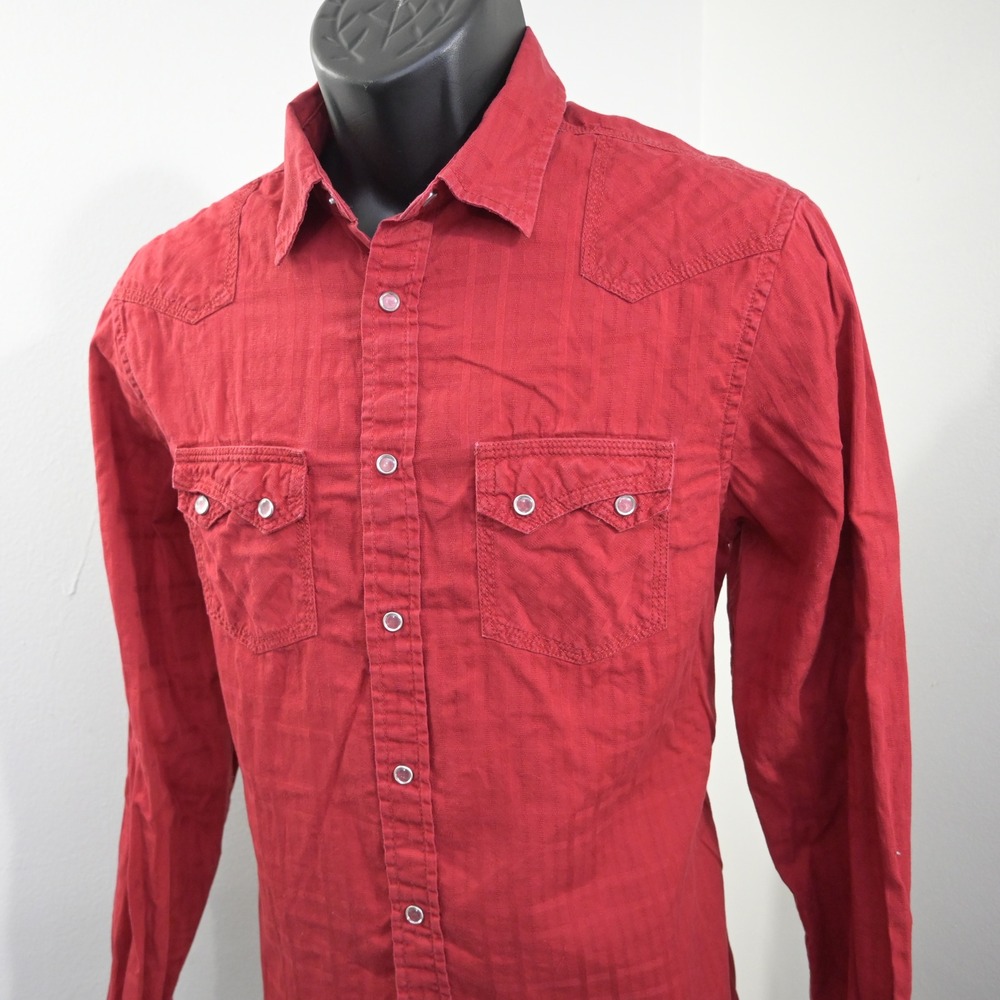VTG Guess Western Pearl Snaps Shirt Mens Medium Red Graphic Back Long Sleeve